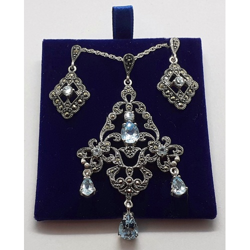 89 - Silver Aquamarine Pendant & Matching Earrings.  Chain length: 16