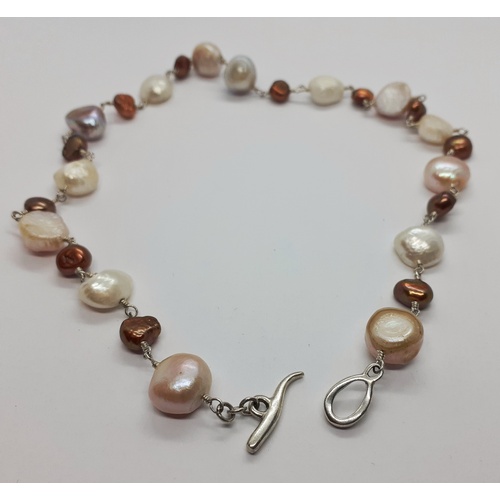 93 - Varied Colour Cultured Pearl Necklet Silver Set, 17