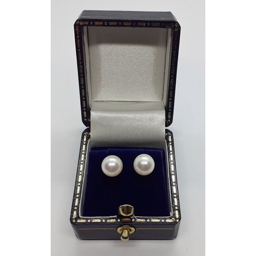 95 - Large Gold Cultured Pearl Stud Earrings, 11mm