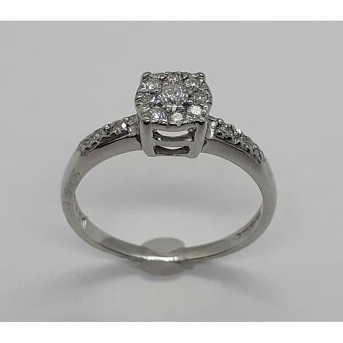 253 - 9ct White Gold Diamond Cluster Ring.  Size: P 1/2