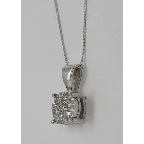 254 - 9ct White Gold Diamond Cluster Pendant, on 18