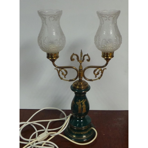 126 - Twin Porcelain Base Table Lamp and Glass Shades, 47cm high x 30cm wide approx