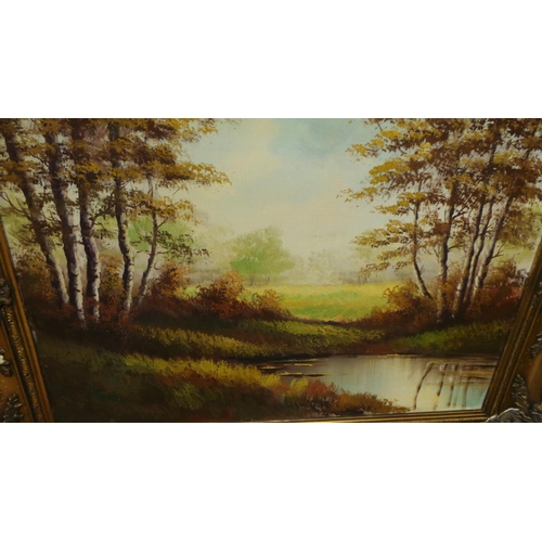 192 - Gilt Framed Oil on Canvas River Landscape, 68cm high x 87cm wide (with small damage to frame)