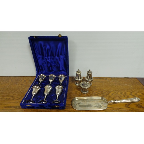 24 - Assorted Lot of EPNS Sherry Glasses in Case, Silver Plate 3 Piece Condiment Set ,Crumb Catcher