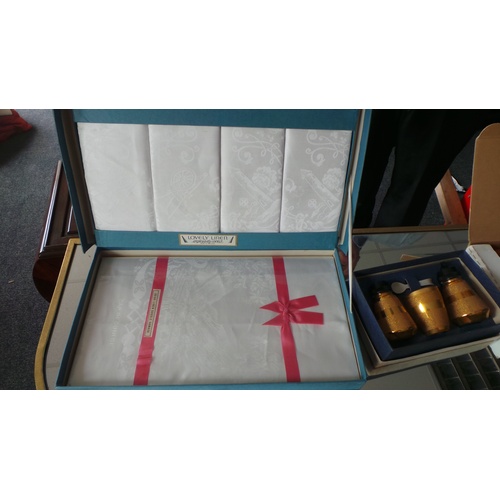 198 - Irish Linen Cloth and Napkins (boxed), Boxed Condiment Set and 2 Serving Dishes