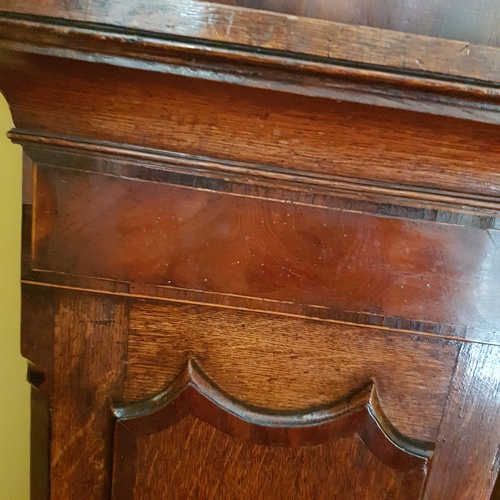 303 - Oak Case Grandfather Clock (glass cracked on door), with weights (no pendulum)