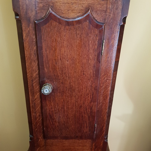 303 - Oak Case Grandfather Clock (glass cracked on door), with weights (no pendulum)