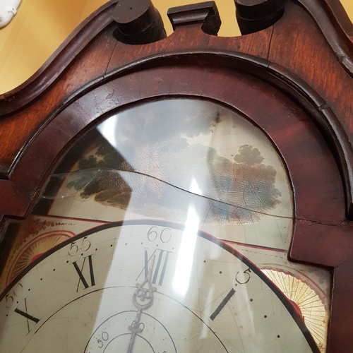 303 - Oak Case Grandfather Clock (glass cracked on door), with weights (no pendulum)