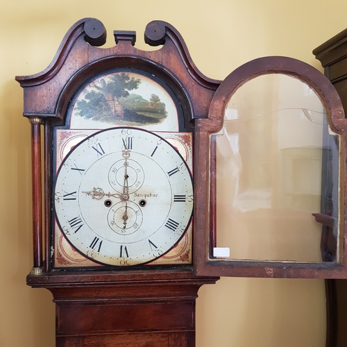 303 - Oak Case Grandfather Clock (glass cracked on door), with weights (no pendulum)