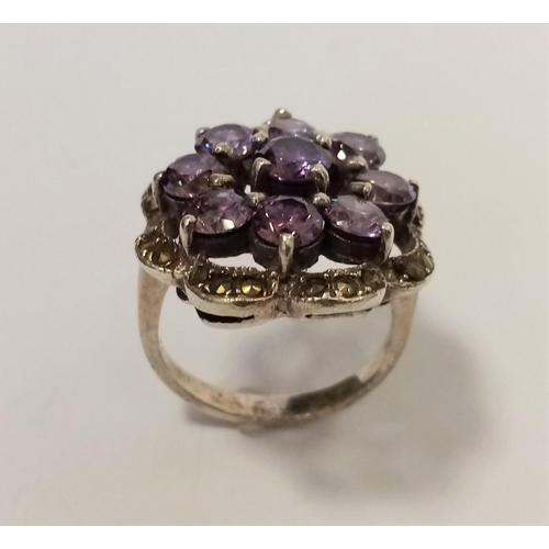 123 - Antique Silver Amethyst Cluster Ring - Size Q