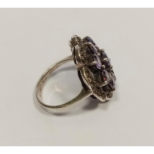 123 - Antique Silver Amethyst Cluster Ring - Size Q