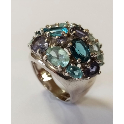 129 - Large Silver Multi Gemstone Ring - Size L