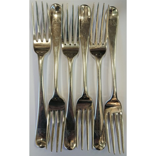 323 - Set of 6 George III 1806 (Irish), Sterling Silver Dinner Forks, Owl & Sun Pattern,  maker Samuel Nev... 