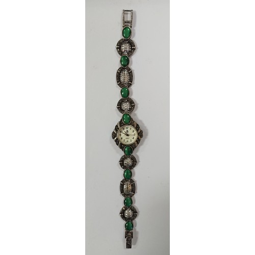 330 - Sterling Silver Art Deco Ladies Wrist Watch with Green Cabochons