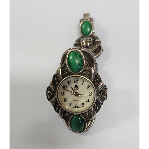 330 - Sterling Silver Art Deco Ladies Wrist Watch with Green Cabochons