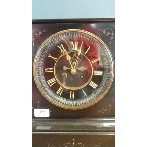 177 - Black Slate mantle clock (height 33cm x width 28cm)