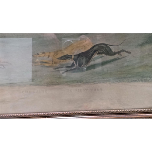 372 - 2 Prints of Coursing Greyhounds (both 85cm x 65cm - glass broken in one) The Slip and The First Turn