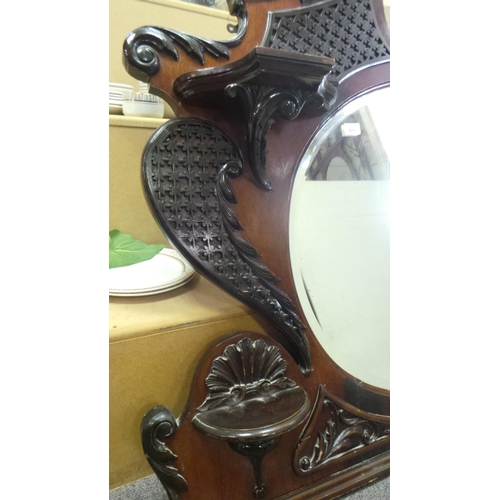 428 - Ornately Carved Mahogany Bevelled Over-Mantle Mirror