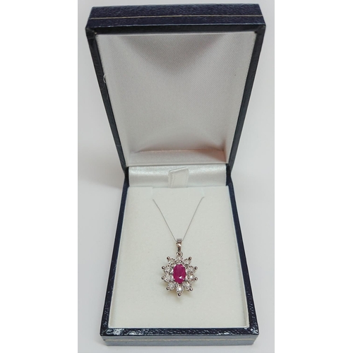 227 - White Gold Diamond & Ruby Pendant & Chain - Length: 18