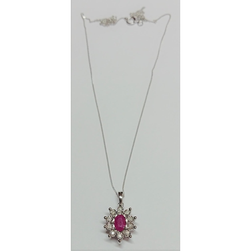 227 - White Gold Diamond & Ruby Pendant & Chain - Length: 18