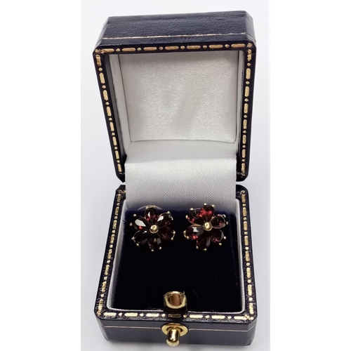 200 - Pair Gold & Garnet Cluster Earrings