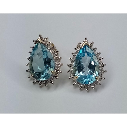 203 - Gold Blue Topaz Diamond Earrings