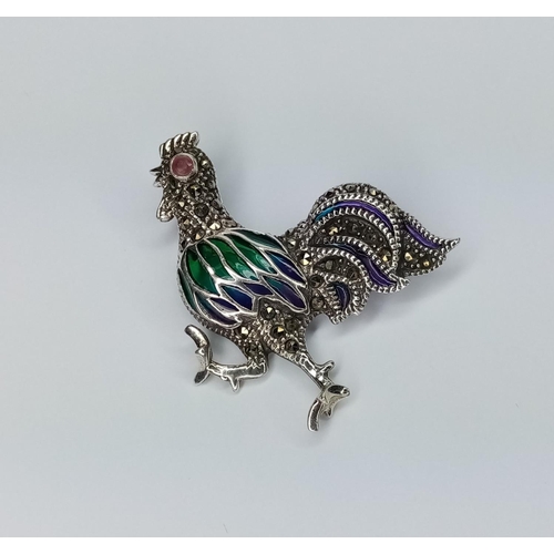 216 - Silver Marcasite & Enamel Chicken Brooch