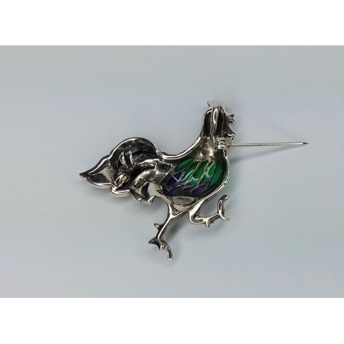 216 - Silver Marcasite & Enamel Chicken Brooch