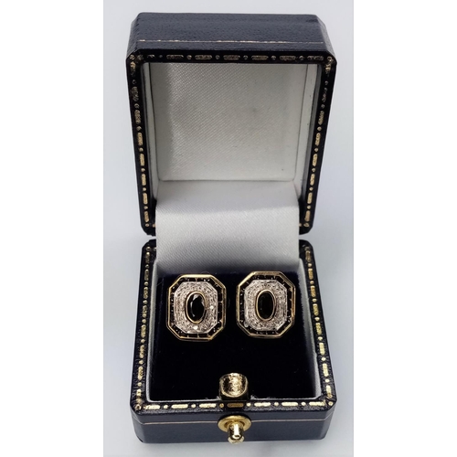 219 - Pair Gold Diamond & Sapphire Cluster Earrings