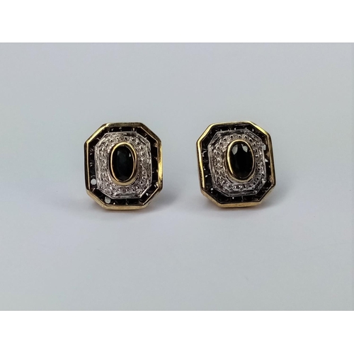 219 - Pair Gold Diamond & Sapphire Cluster Earrings