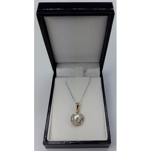 222 - 9ct Diamond & Pearl Pendant, 16