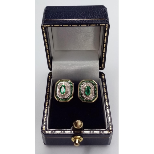 226 - Pair Gold Diamond & Emerald Earrings