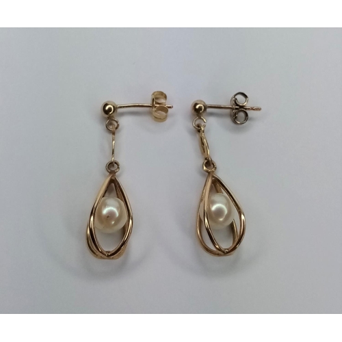 322 - Pair Gold Cage Pearl Drop Earrings