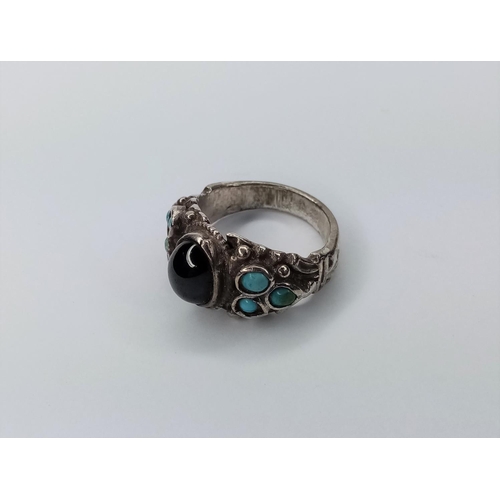 328 - Antique Silver Turquoise & Garnet Ring