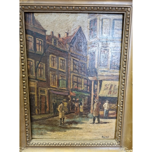 64 - Frame Oil on Board Street Scene by R Lend

Height 48cm  Width 38cm