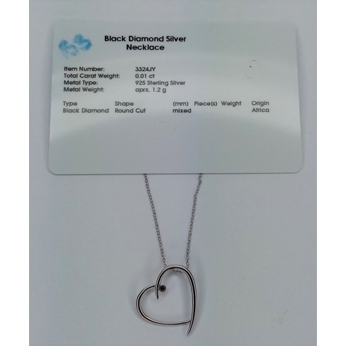 407 - Black Diamond & Silver Heart Necklace, 18