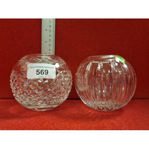 569 - 2x Crystal Rose Bowls, with Waterford badges (no stamp visible) 10cm high