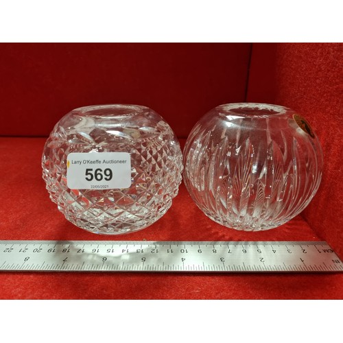 569 - 2x Crystal Rose Bowls, with Waterford badges (no stamp visible) 10cm high