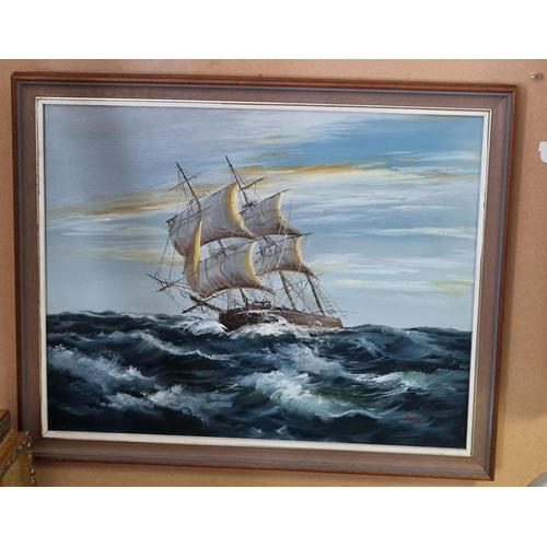 54 - Gilt Framed Oil on Canvas Moored Fishing Boats