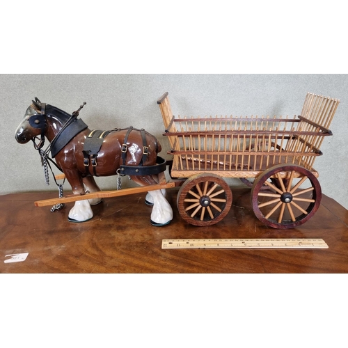 15 - Horse & Cart Ornament, overall length: 70cm and Height 27cm