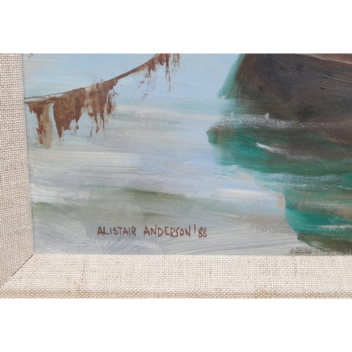 22 - Framed Painting -Oil on Board,  The Old Harbour at Carradale by Alistair Anderson. H:46 x W:88cm