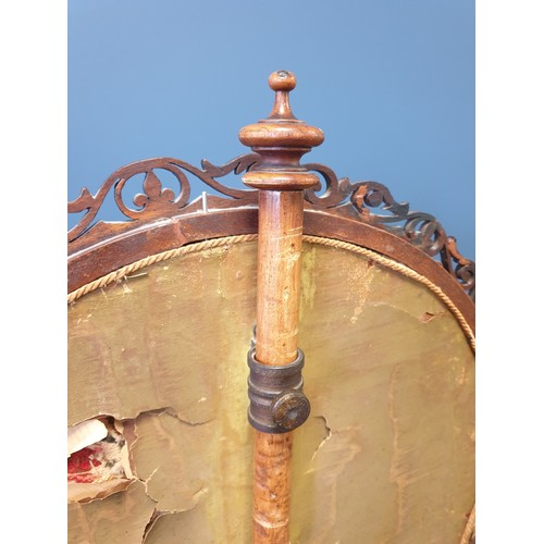 23 - Floral Tapestry Walnut Pole Screen with carved edge, H:145 x D:50cm