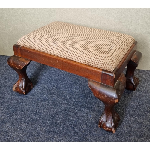 25 - Ball and Claw Mahogany Footstool with tapestry cushion top, H:30 x W:54 x D:35cm