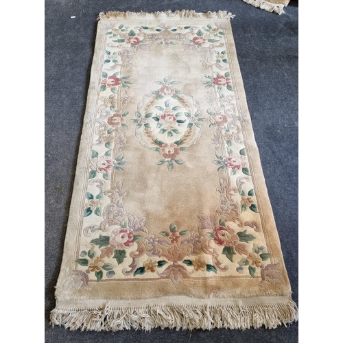 34 - Wool Embossed Cream and FLoral Rug, L:208cm x W:91cm
