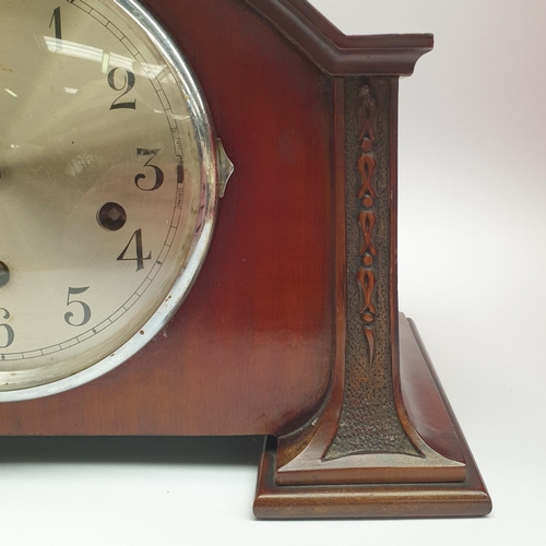 53 - Wooden Mahogany Mantel Clock, H:21 x W:33 x D:18cm