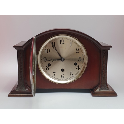 53 - Wooden Mahogany Mantel Clock, H:21 x W:33 x D:18cm