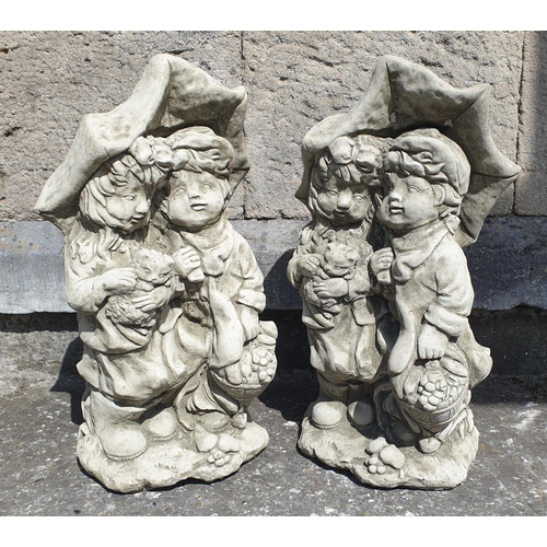 309 - Pair Garden Ornaments - Children with Umbrella, H:50 x W:30cm