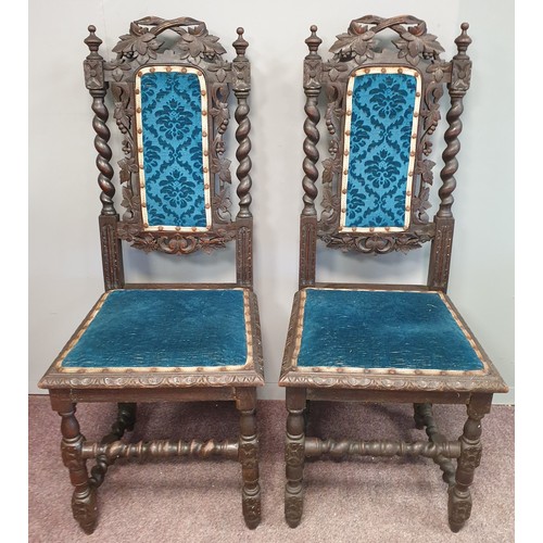 1 - Pair of Jacobean Oak Hall Chairs