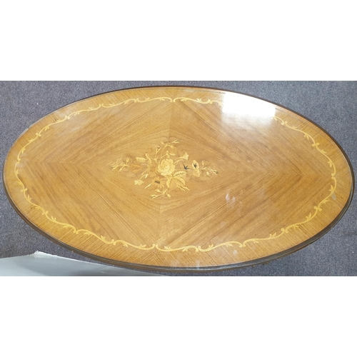 11 - Ornate Oval Inlaid Coffee Table with Glass Top and Gilt Features, H:50 x W:108 x D:60cm