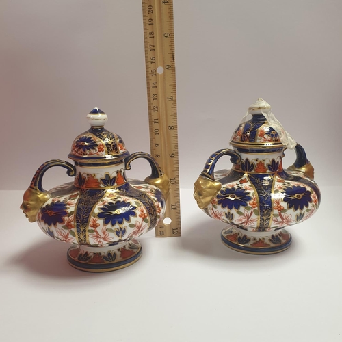 46 - Pair of Crown Derby (Osmaston Road) Imari Porcelain Twin Handled Vase, One With Repair. Height 14cm